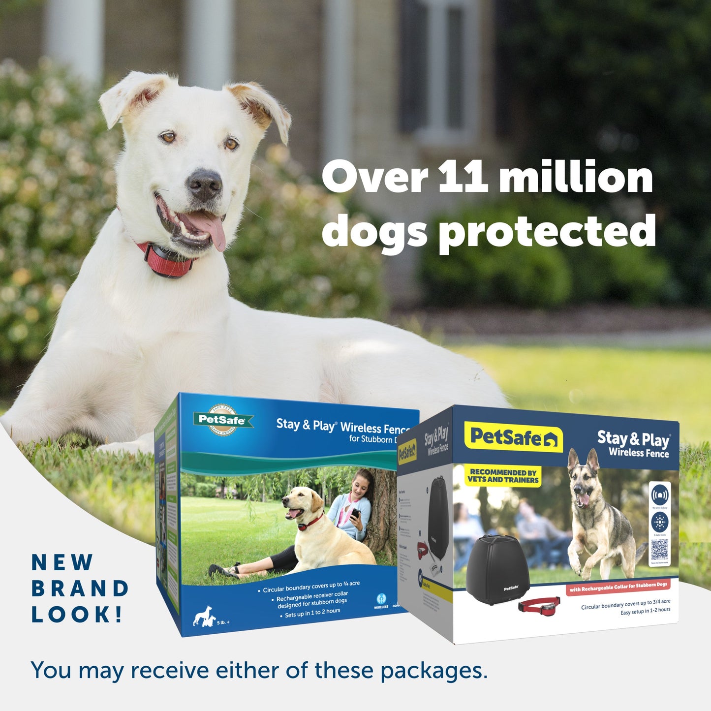 A happy dog enjoying their yard and 2 packaging options you may receive PetSafe has a new brand look Over 11 million dogs protected