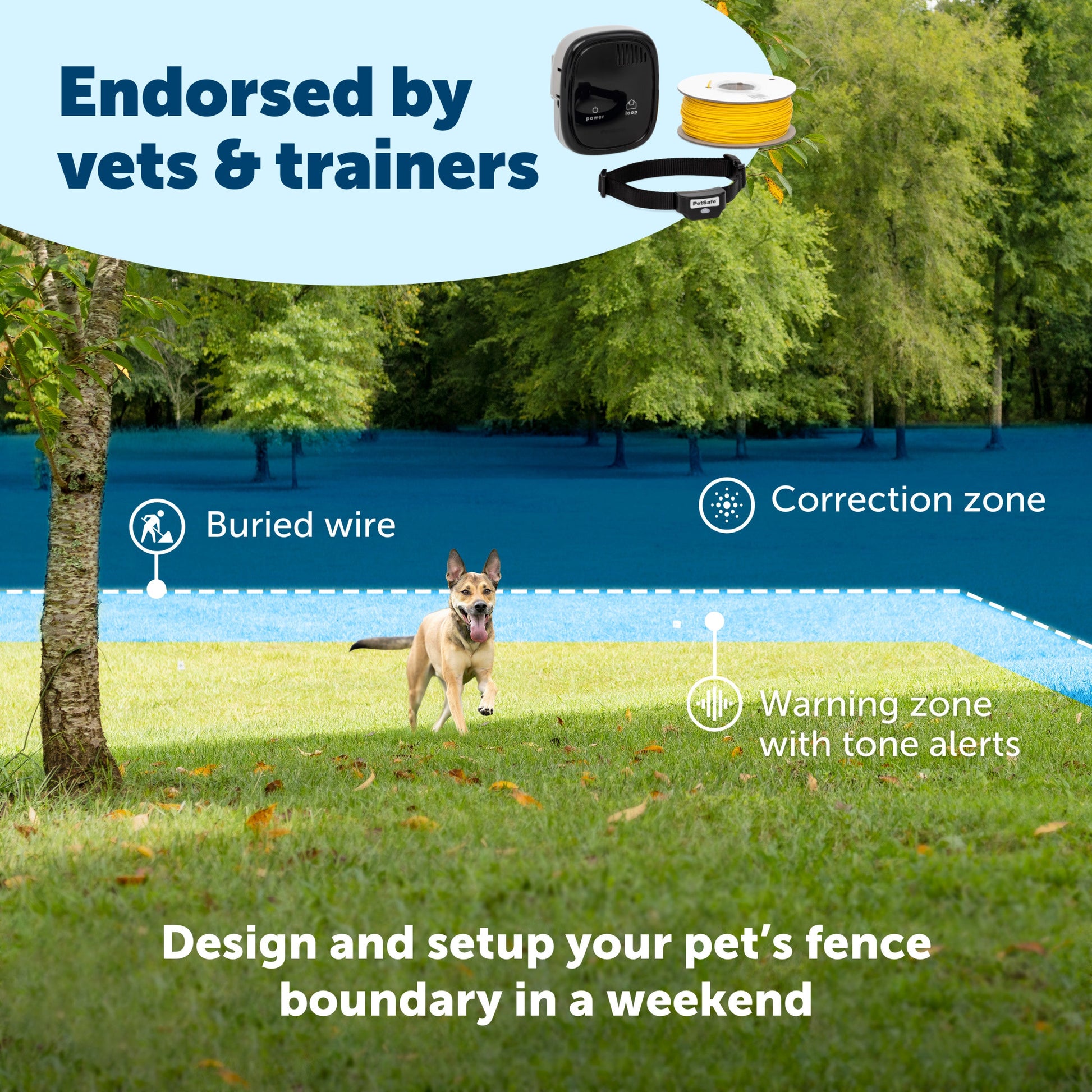 A dog playing in their yard with a visual of how the boundary works endorsed by vets and trainers set up your fence in a weekend