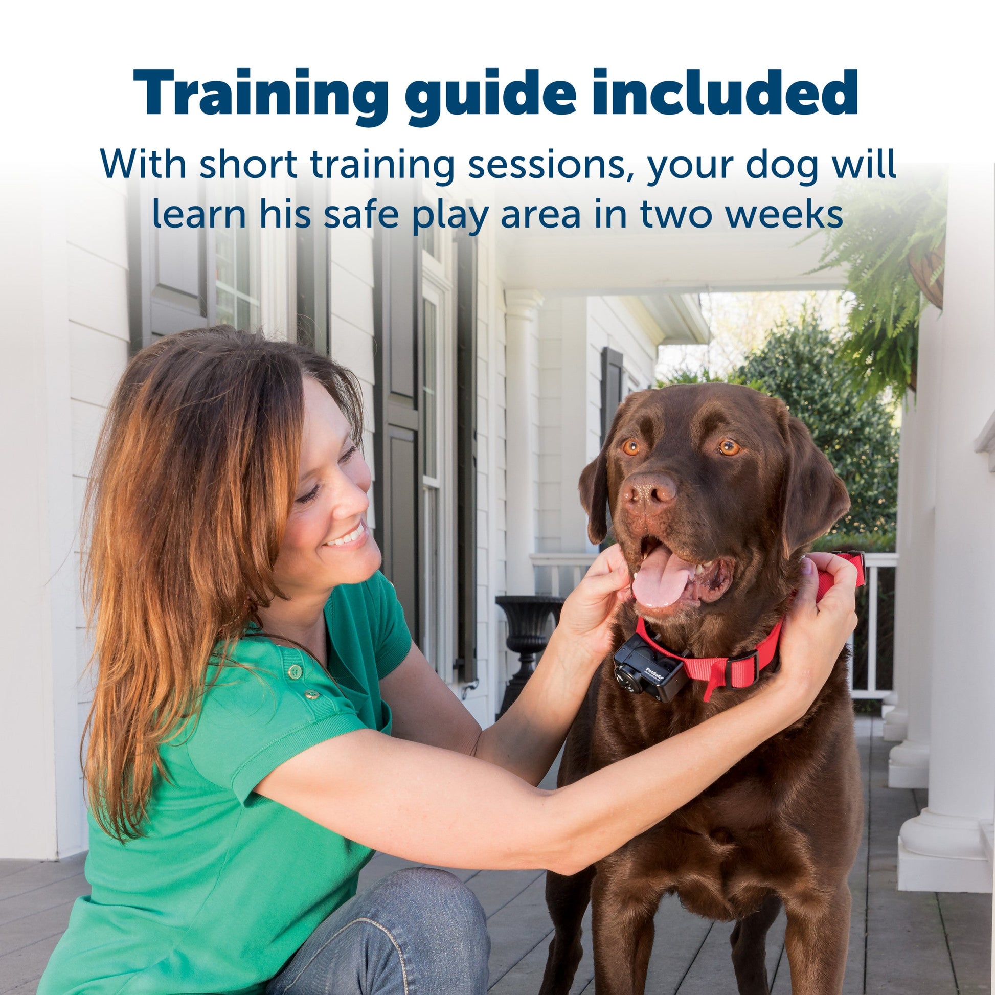Pet parent with their beloved dog Training guide included with the short training sessions your dog will learn his safe play area