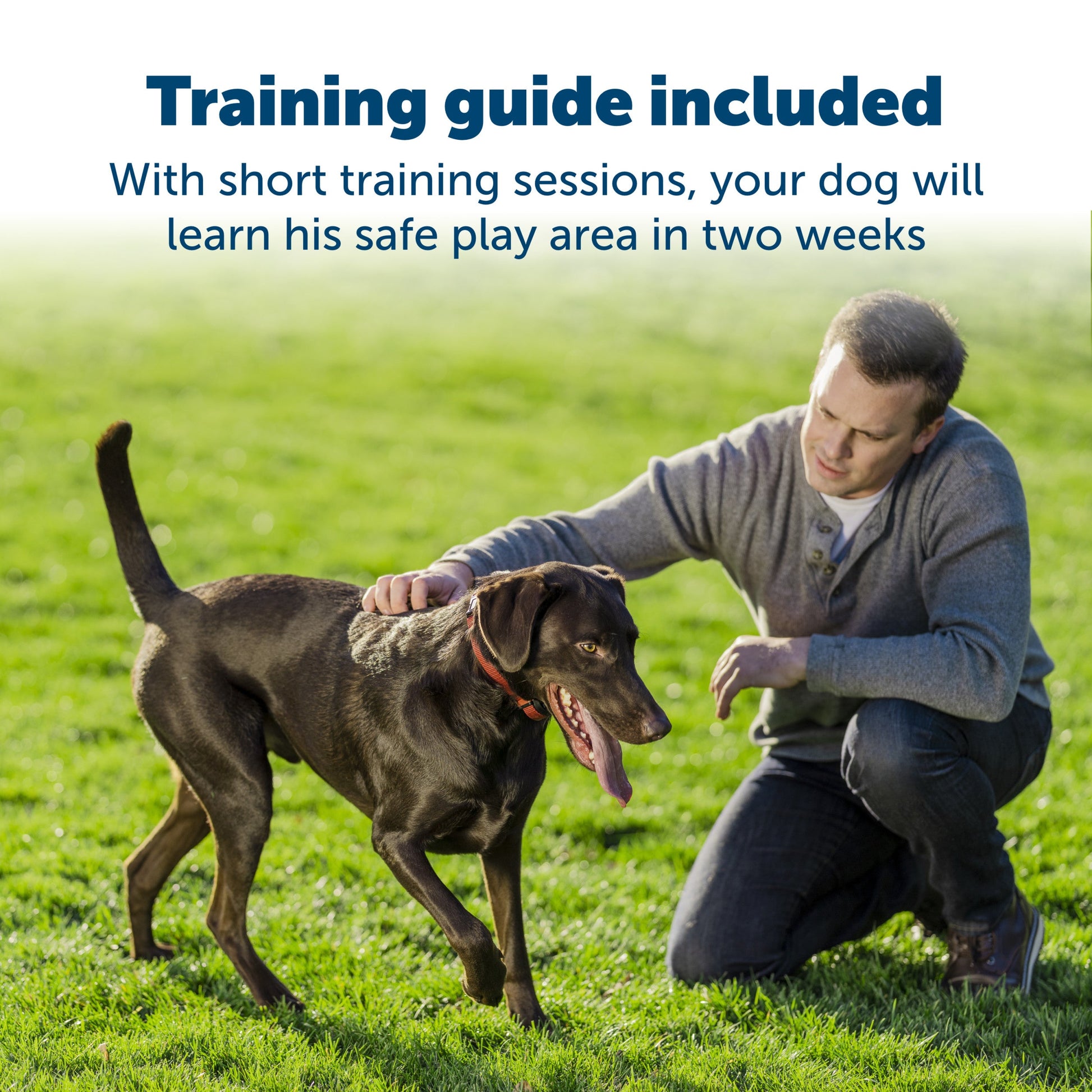 Pet parent with their beloved dog Training guide included with the short training sessions your dog will learn his safe play area
