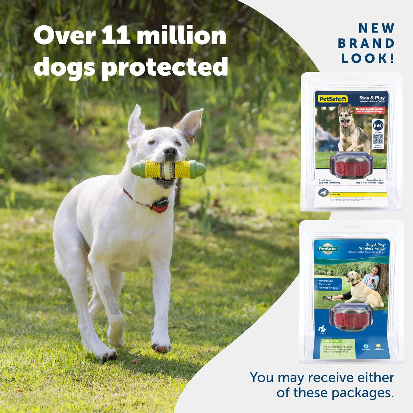 A happy dog enjoying their yard and 2 packaging options you may receive PetSafe has a new brand look Over 11 million dogs protected