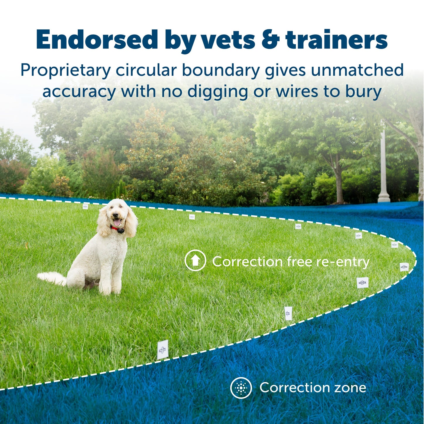 endorsed by vets and trainers proprietary circular boundary gives unmatched accuracy no digging or wire to bury dog enjoying their yard