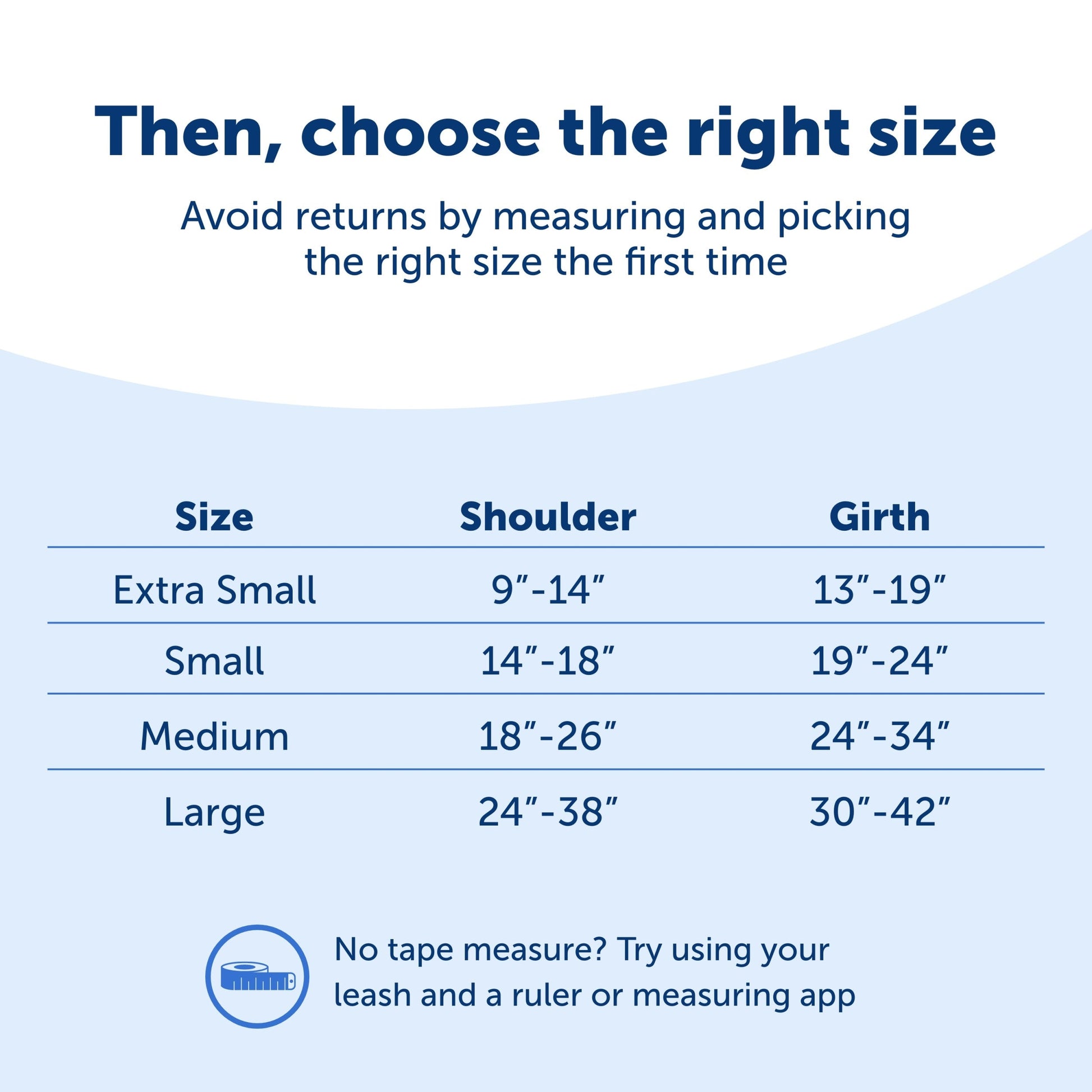 Size chart for clothing with shoulder and girth measurements on a blue background