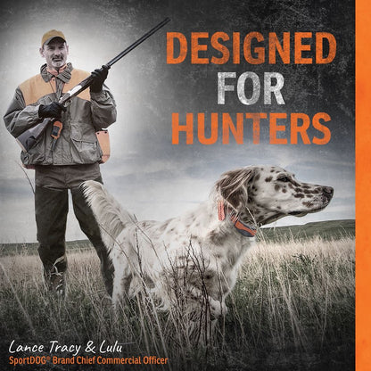 Man holding gear with a hunting dog in a field, featuring text 'Designed for Hunters'.