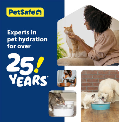 Petsafe advertisement celebrating 25 years of pet hydration solutions with images of pets and a person interacting with them.
