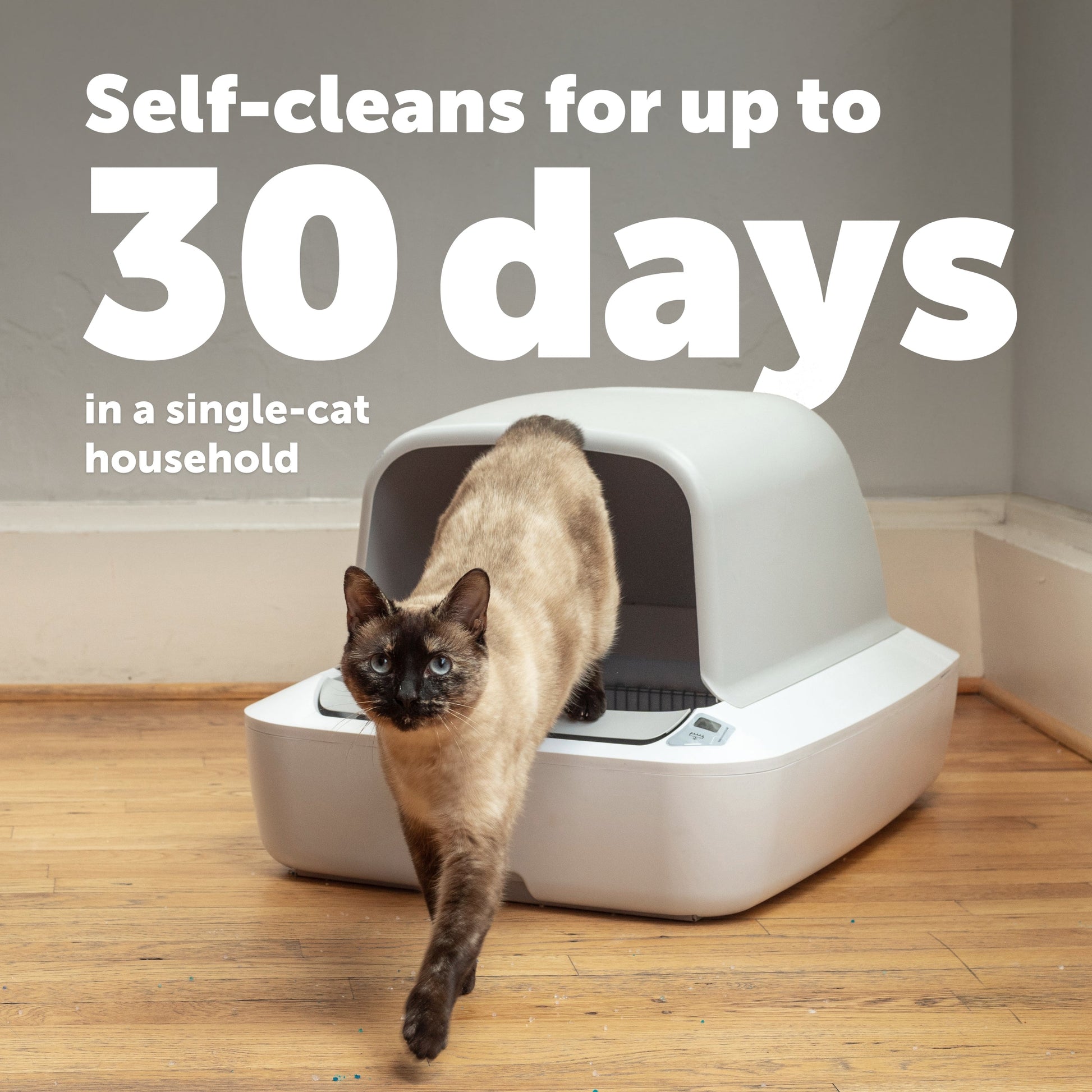 Cat using a self-cleaning litter box with text indicating it self-cleans for up to 30 days.