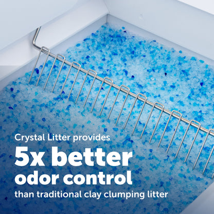 Crystal litter in a cat litter box with a scoop, highlighting odor control benefits.