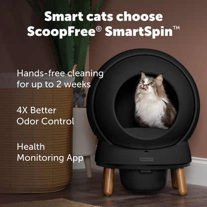 Cat using a ScoopFree SmartSpin litter box with promotional text on a home setting.
