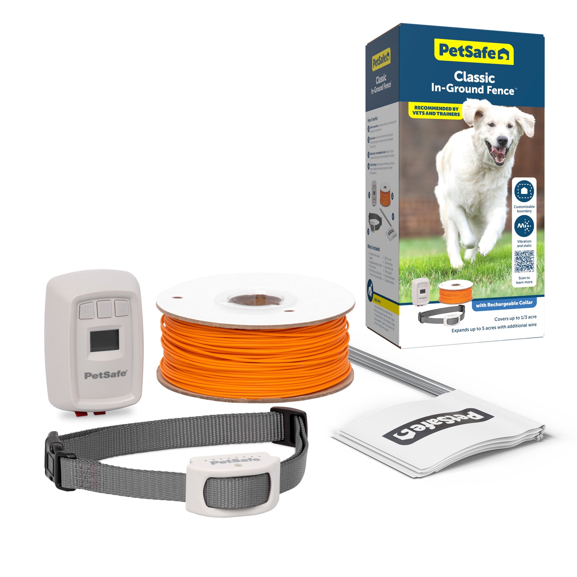 PetSafe dog fence kit with receiver, cable, collar, and packaging on a white background
