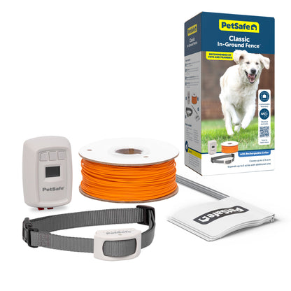 PetSafe dog fence kit with receiver, cable, collar, and packaging on a white background