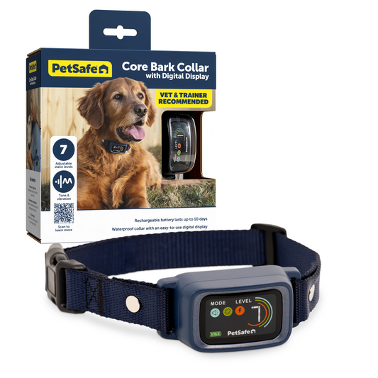 PetSafe Core Bark Collar with digital display and packaging on a white background