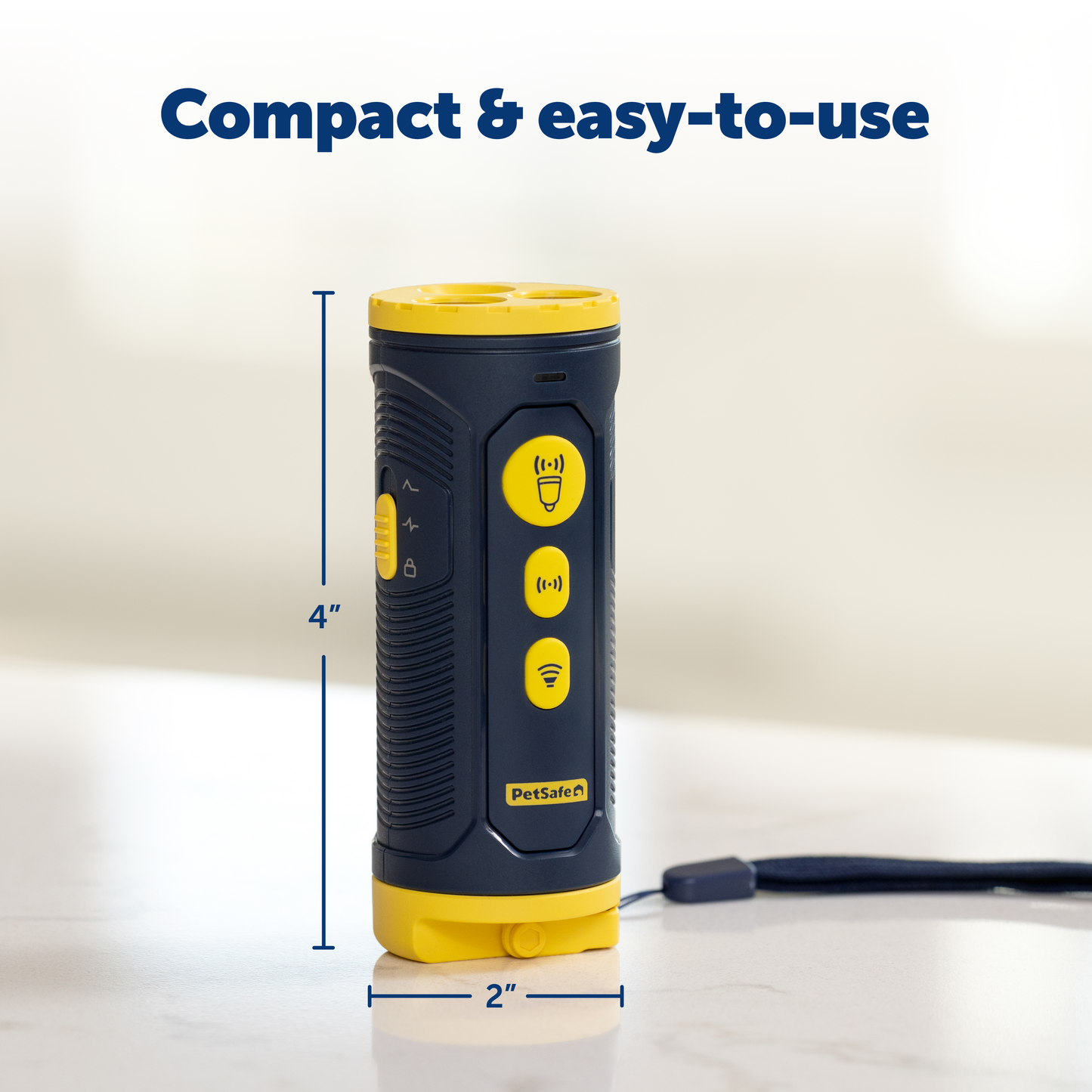 Compact collarless trainer with yellow accents, described as 'Compact & easy-to-use'