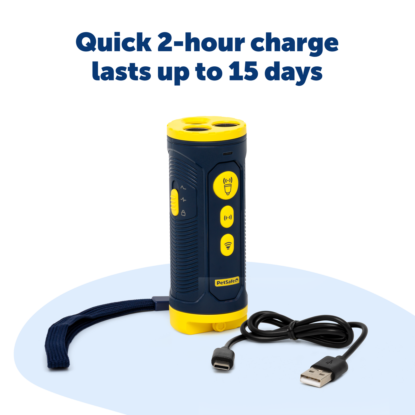 Collarless trainer  device with USB cable, featuring text about quick charging.