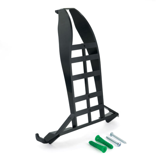 Black metal bracket with green and silver screws on a white background