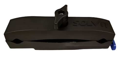 A black plastic tube clamp with a bolt and wingnut