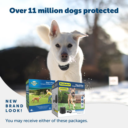 A happy dog enjoying their yard and 2 packaging options you may receive PetSafe has a new brand look Over 11 million dogs protected